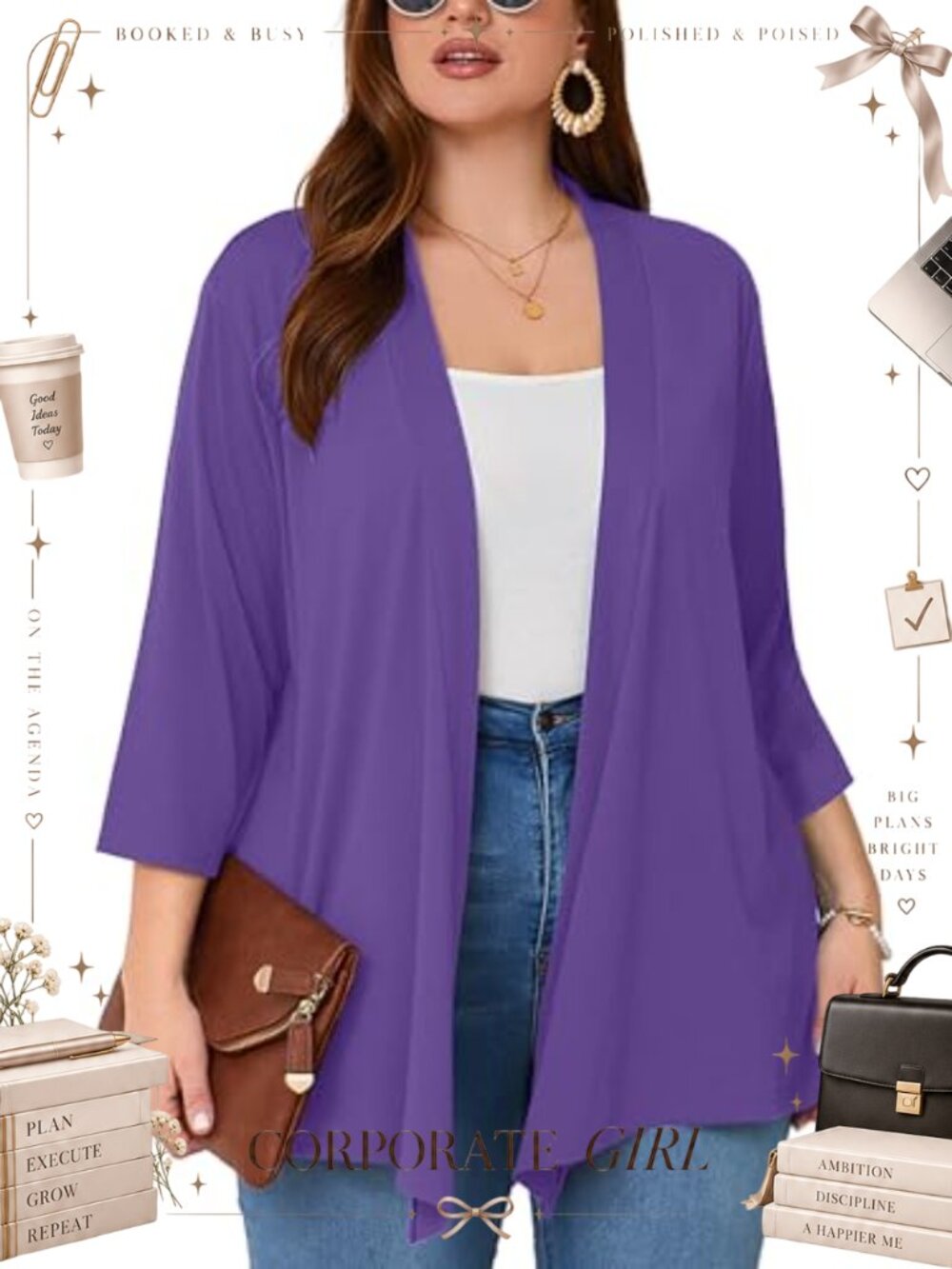 Women's Plus Size Open Front Cardigan 3/4 Sleeve Lightweight Kimono